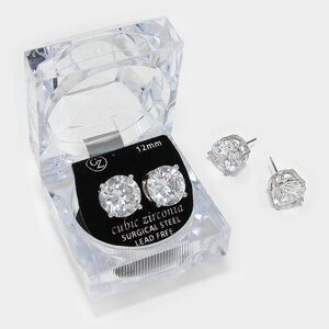 12mm Round Clear Cubic Zirconia Surgical Steel Stud Earrings NWT IN Gift Box